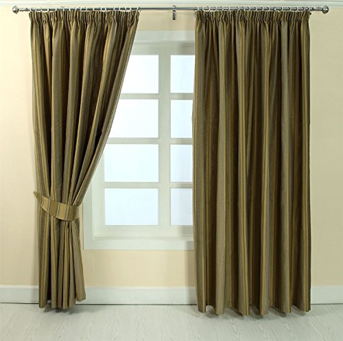 HOMESCAPES Lot de 2 Rideaux Jacquard Galon fronceur Prêt-à-Poser Rayures Doré 168 x 137 cm