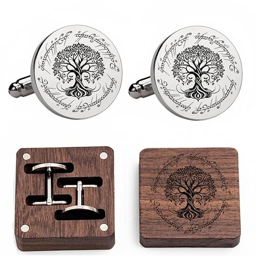 Kooer White Tree Cufflinks, Tree of Life Cuff Links Anniversary Wedding Birthday Gifts For Men Father Dad Husband Boyfriend (Cufflinks+Wood Box)