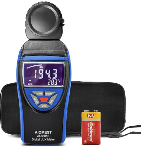 AIOMEST Digital Luxmeter Tragbare, Photometer Belichtungsmesser 0,1~400,000 Lux mit Daten halten, 270°drehbarem Detektor mit LCD Display für Pflanzen, Büro, LED-Leuchtkraft, AI-8801B (Blau)