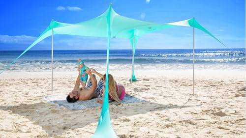 SUN NINJA Pop Up Beach Tent Sun Shelter UPF50+ with Sand Shovel, Ground Pegs and Stability Poles, Outdoor Shade for Camping Trips, Fishing, Backyard Fun or Picnics (7x7.5 FT 4 Pole, Green)