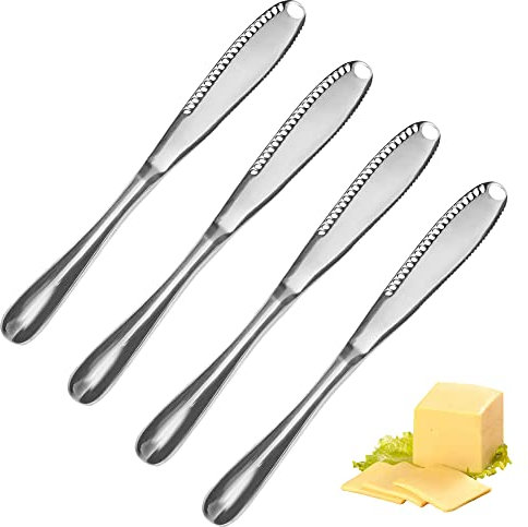 4PCS Coltello Spalmatore per Burro Coltello da Formaggio in Acciaio Inox Bigodino e Spalmatore con Bordo Seghettato, Fessure per Tagliare Verdure, Frutta, Formaggio-GOODGDN