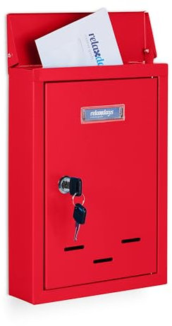 Relaxdays Letterbox with Nameplate Buzón Pared Vertical, Placa para Nombres, Metal, con 2 Llaves, de Exterior, Estrecho, 30,5 x 21 x 7 cm, Rojo