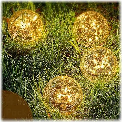Honoson 4.7 Inch Solar Globe Lights Outdoor - Waterproof Cracked Glass Balls for Lawn Patio Yard Backyard Decorations, Warm White Solar LED Lights with Easy Installation,Durable Design (4 Pcs)