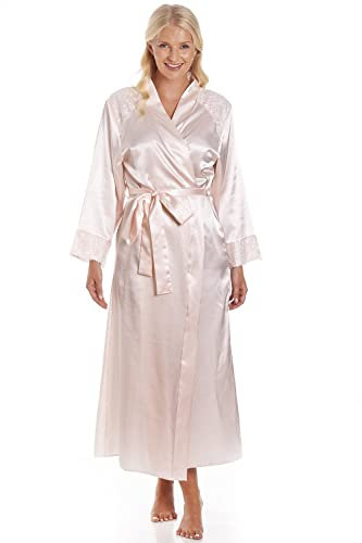 Camille Womens Luxury Smooth Satin Long Wraps - Ladies Lightweight & Breathable Dressing Gown with Tie Belt Fastening Peach 14-16