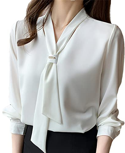 Pulcykp Chemisier blanc à manches longues avec nœud et col en V pour femme, blanc, L