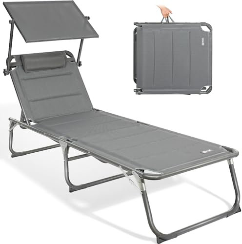 Homecall Sonnenliege Klappbar Mit Dach, Kopfstütze, 5-Fach Verstellbare Rückenlehne, 200 x 70 cm Gartenliege Wetterfest, Garten Liegestuhl Klappbar Leicht, Bis 180 kg für Garten, Balkon - XXL, Grau