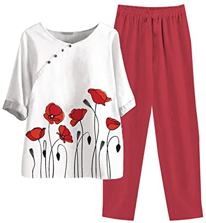 Set Lino Estivo Tuta Donna Completa Camicia per Anziani E Mezza età Old Lady Top con Maniche a Sette Punti E Completo di Pantaloni Tuta Elegante Donna Moda Stampato Curvy Casual Leggera Confortevole