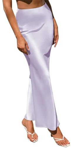 IMEKIS Women Satin Silk Skirt A Line Elastic High Waist Ruffle Long Maxi Skirt Solid Color Mermaid Skirt Formal Evening Party Skirts Light Purple M