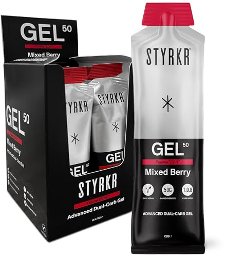 Styrkr GEL50 Energy Gels by Styrkr - 50g of Carbs - Pack of 12 Berry Flavoured Energy Gels for Cycling & Running - Approved by Endurance Athletes - Advanced Dual-Carb Formulation - 12x Pack