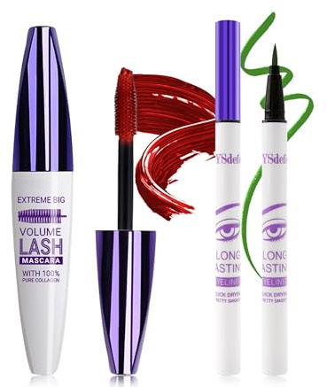 5D Rot Seidenfaser Mascara Und Green Flüssiger Eyeliner Set, Wasserfester & Wischfester Liquid Eyeliner,Langlebige Volumizing Curling Verlängerung Wimpern Wimperntusche Für Partys Bunt Augen Makeup-7