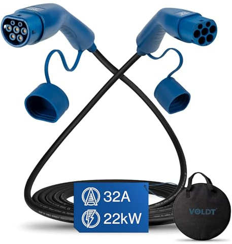 VOLDT Cavo di ricarica tipo 2, 22 kW, 32 A, 3 fasi, per veicoli elettrici EV PHEV, tipo 2 a tipo 2, modalità 3, cavo di ricarica, adatto per modelli S/X/Y/3, ID.4, E-Tron, e-208, I4, IX1, Zoe ecc