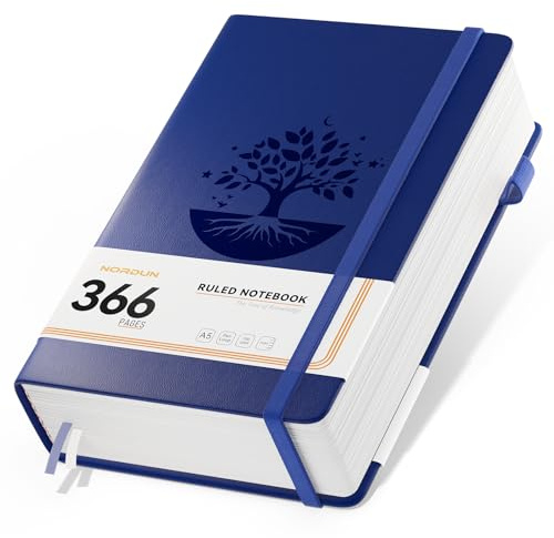 NORDUN A5 366 Pages Lined Notebook,Leather Hardcover with Sticky Notes&Inner Pocket,100gsm Thick Paper Journals Notebook for Men Women Writing School,Office,Home,14.5 x 21cm - Dark Blue