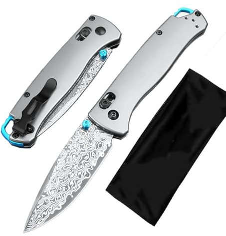 Joa Couteau Pliant de Qualité Supérieure - Couteau de Poche Damassé Robuste en Acier de Damas et Titane - Petit Couteau de Survie en Plein Air - Couteau de Chasse EDC - Argenté