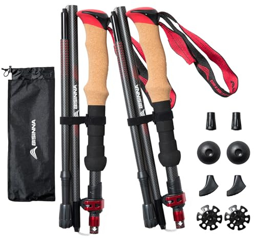 BISINNA Wanderstöcke faltbar Carbon mit Korkgriff I Nordic Walking Stöcke Damen & Herren I Leichte Faltbare Trekkingstöcke Teleskop für Bergsport (Rot, 115-135cm)