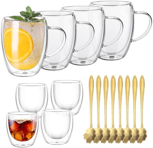 Double Walled Glass Coffee Cups and Mugs, 4x350ml & 4x80ml Heat Resistant Cappuccino Latte Macchiato Glasses Cups with 8 Scoops, Clear Borosilicate Glass Cup for Hot Drinks Tea Milk Juice Ice Cream
