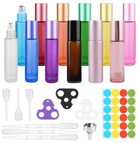 BellaGesundheit 12 st. 10 ml roll on glasflaskor för eteriska oljor, tom roll-on-flaska med rostfritt stålkulor, öppnare, dropppipett & tratt, färgglad för parfym, massage, aromaterapi (10 ml)