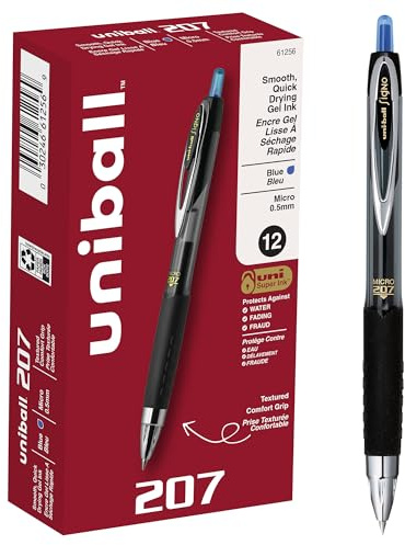 uniball 207 Retractable Gel Pens, Micro Point (0.5mm), Blue, 12 Pack