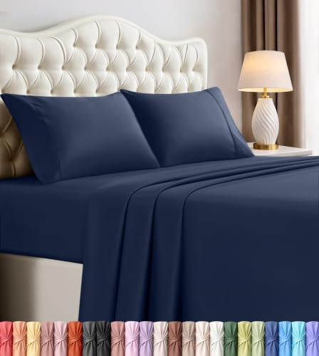 Utopia sängkläder king size-lakan set – 4 delar sängkläder – borstad mikrofiber – krympnings- och blekningsbeständig – enkel skötsel (kung, marinblå)