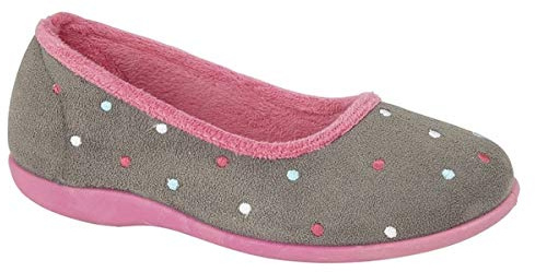 Sleepers Womens Isla Memory Foam Dotted Ballerina Slippers Grey/Fuchsia 4 UK