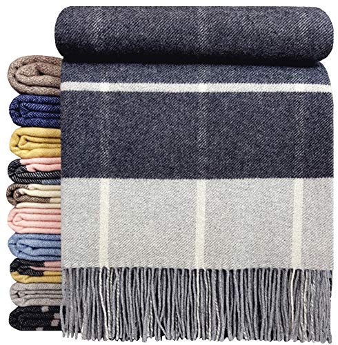 STTS International Kaschmir Decke Wolldecke Wohndecke Merinowolle - Kaschmir - Mix 140 x 200 cm sehr weiches Plaid Kuscheldecke Faro (Grau (Karo))