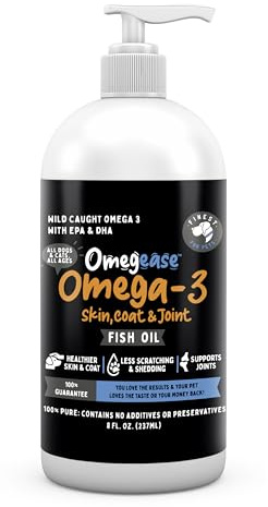 100% Pure Fish Oil for Dogs & Cats (1,545mg Omega 3 per Teaspoon) 8oz. Loaded with EPA & DHA for Joints, Skin & Coat, Itching, Heart & Immune Health. Stronger Than Salmon Oil. Unflavored Omegease.