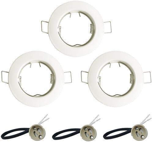 KingYH 3 Pack Round Recessed Spotlights Downlight Bezel Trim Ring Fitting GU10 Light Mounting Frame with GU10 Lamp Holder for Ceiling Spotlight MR16 and 50 mm Bulb Halogen Light Fitting White