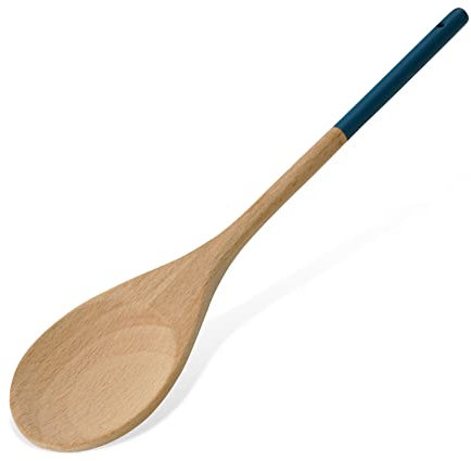 Tasty Wooden Serving Spoon, Blue Handle, for Cooking & Serving Food, Wooden Utensil, 30 x 6.5 cm, Light Brown & Blue