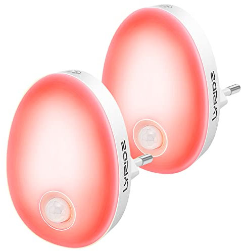 Lyridz Nachtlicht Steckdose mit Bewegungsmelder, strahlend hell Plug-in Nachtlicht dimmbar, Smart LED-Licht mit einstellbarer Helligkeit für Kinder Schlafzimmer Küche Flur Rot 2 Stück