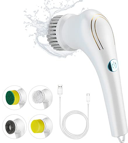 Irishom Spazzola per la pulizia elettrica senza fili, spazzola rotante a mano multifunzione, con 5 teste, impermeabile IPX7, per cucina/bagno, parete/finestre, piastrelle, vasca/cucina, auto
