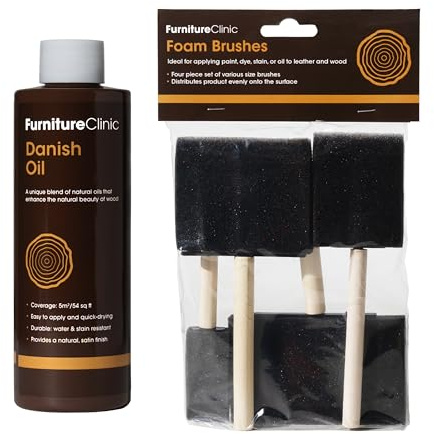 Bundle of Furniture Clinic Premium Danish Oil for Wood 250ml + Set of Four Foam Brushes for Applying Oil to Wood.