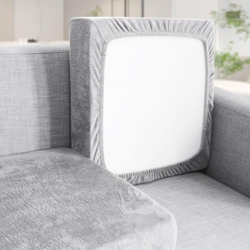 Teynewer Sofa Seat Cushion Cover, Soft Stretch Velvet, 3 Seater, Light Grey | 1 PCS Universal Non-Slip Couch Slipcover with Elastic Bottom, Protect Furniture from Pets, Replacement for Individual Cushion