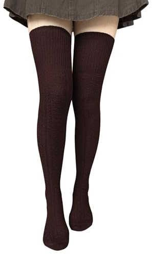 Bestjybt Calze lunghe da donna sopra il ginocchio in cotone, Caffè, taglia unica