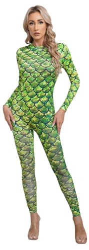 TiaoBug Dam sjöjungfru baddräkt wetlook badmode fisk mjäll tryck långärmad body toppar sexig jumpsuit overaller onepiece sexiga underkläder, Typ J, M