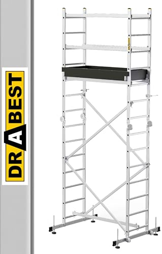 DRABEST Hector PRO - Stege - Byggnadsställningar - Fällbar stege - Aluminiumstege - Stegställning - Max. arbetshöjd 4,73 m - Multifunktionsstege - Trappstege, ställningar, för trädgård, hushåll