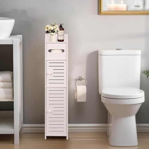 Powerking Porte-papier toilette, armoire de rangement de salle de bain avec portes et étagères, petite armoire fine pour petits espaces, sol d'angle – Blanc