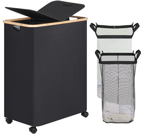 efluky Cesto para la colada con tapa, 2 compartimentos, con ruedas, 160 L, gran contenedor dividido para la ropa sucia, almacenamiento de ropa con 2 bolsas extraíbles