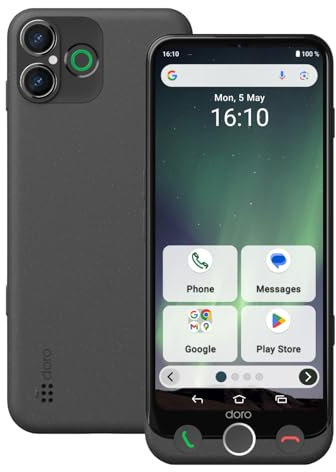 Doro - Aurora A30 Smartphone - Teléfono móvil para personas mayores - Fácil de usar - Botón de asistencia con ubicación GPS - Compatible con audífonos - Cable USB incluido - Grafito
