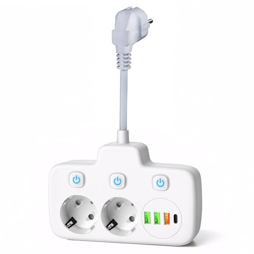 YUFFQOPC Doppelstecker für Steckdose, Steckdosenleiste mit USB, Steckdosenleiste 2 Fach mit 3 USB & 1 USB-C, Verteilersteckdose Wandmontage, Steckerleiste Kompakte Steckerleiste für Büro, zu Hause