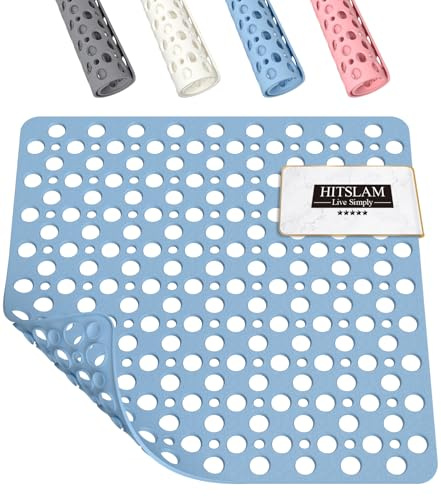 HITSLAM Cuadrado Alfombra Ducha Antideslizante, 53 x 53 cm Alfombrilla Ducha, Alfombrilla Bañera con Ventosas y Orificios de Drenaje, Suave para los pies, Lavable a máquina, Azul