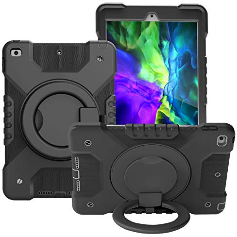 Resa med surfplatta Tablet Väska till iPad 10.2 2019/2020, Barn Slitstarkt stötskyddat skyddskåpa, med vikhandtag, roterande kickstand, bär axelrem Surfplatta skydd(Black+black)