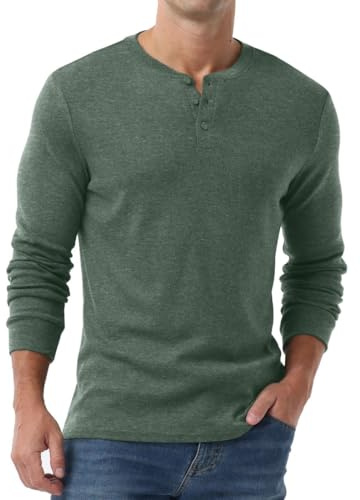 PrinStory Henley t-shirt för män långärmade toppar casual tröja t-shirt för män, Grön, S