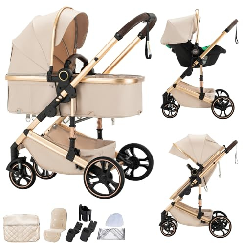 BEBBY passeggino trio, combinazione passeggino 3 in 1 cittadino con passeggino portatile con neonato pieghevole di lusso con modello ad alta vista (H9-BEIGE, H9)