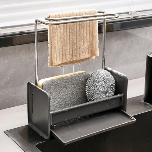 Kitchen Sink Caddy Organiser with Drainage Tray & Towel Holder – Stainless Steel Sponge Holder Rack for Kitchen & Bathroom Countertop