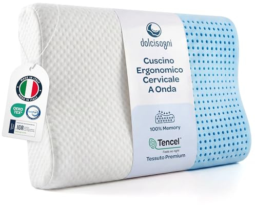 DOLCI SOGNI - Cuscino Cervicale a Onda Per Dormire in Memory Foam | Guanciale Ortopedico Doppia Altezza 9/12cm Ideale per Supporto Ergonomico a Testa e Collo | 100% Made in Italy con Fodera in Tencel