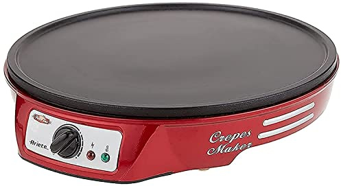 Ariete 183 CREPERA PARTY TIME, 1000 W, termostato regulable, revestimiento antiadherente, 2 espátulas de madera, indicador luminoso encendido, apagado y listo para usar, Negro, Rojo