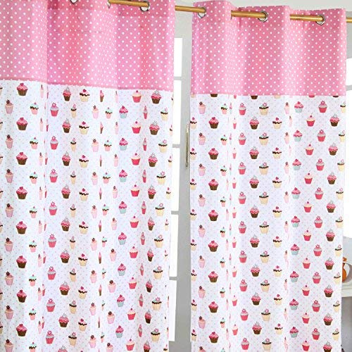 HOMESCAPES – Paire de Rideaux à œillets 100% Coton – Cupcakes Blanc et Rose – Prêt à Poser 137 x 228 cm