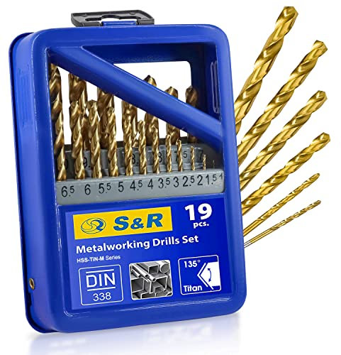 S&R Juego de Brocas HSS Titanio Metal (1-10 mm) 135 ° serie TM DIN 338. Set de 19 Brocas Profesionales en Caja de Metal.