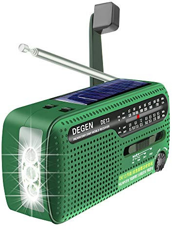 DE13 Récepteur Solaire Coudé FM AM SW avec Lampe de Poche à Lumière Vive/Alarme SOS/Téléphone Portable Rechargeable pour Les Urgences et Les Activités de Plein Air (Vert)