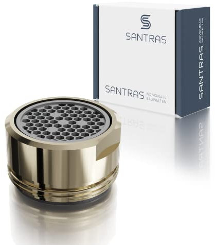 SANTRAS® Strahlregler M24x1 für jeden herkömmlichen Wasserhahn mit Siebeinsatz in Gold – Mischdüse (Außengewinde 24 mm) mit Filtereinsatz, hochwertiger Dichtung und Luftmixer MADE IN GERMANY