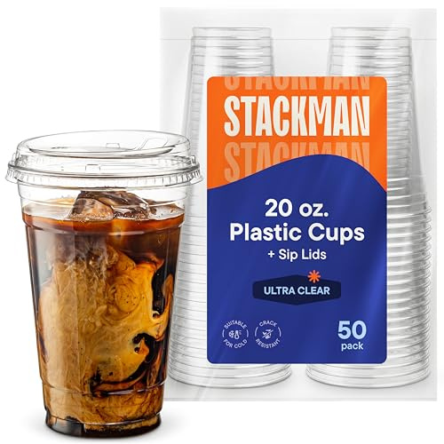 20 oz Clear Plastic Cups with Strawless Sip-Lids [50 Sets] PET Crystal Clear Disposable 16oz Plastic Cups with Lids - Crystal Clear, Durable Cup - BPA Free + Crack Resistant, for Coffee, Juice, Shakes